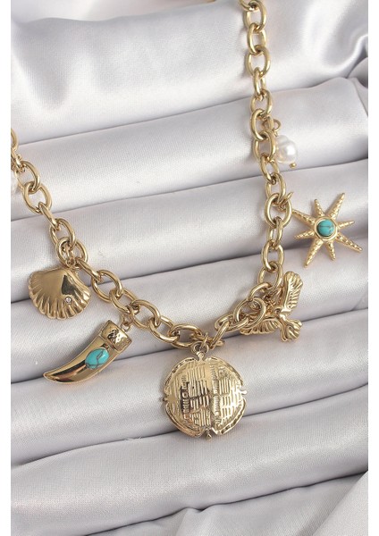 316L Çelik Gold Renk Zincir Sallantılı Çoklu Figür Model Kadın Kolye