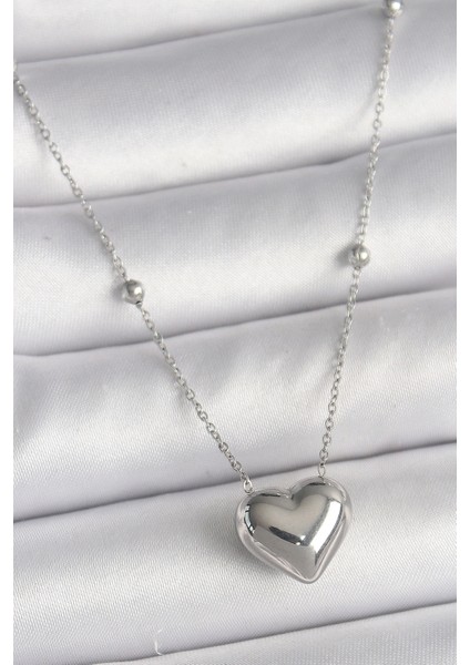 316L Çelik Gümüş Renk Topçuk Detay Zincir Kalp Model Kadın Kolye