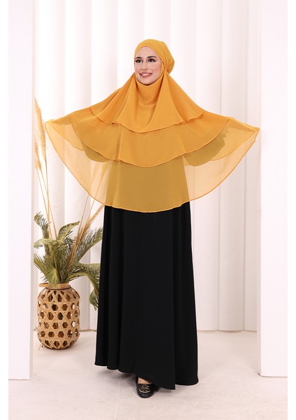 Peçeli 3 Katlı Şifon Sufle Şal 6012 Hardal