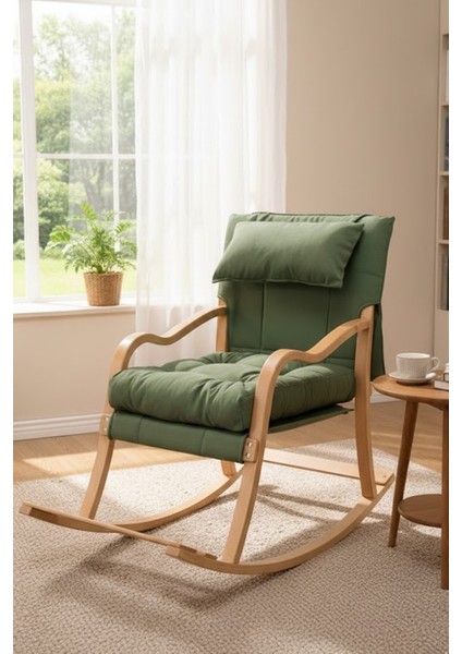 Paşa Ahşap Sallanan Sandalye Fermuarlı Kılıf, Boyun Yastıklı Dinlenme Koltuğu Yeşil