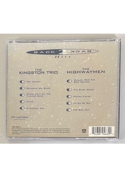 Kingston Trio / The Highwaymen Back 2 Back Hits CD (Orijnal 1997 Dönem Baskı Cd) fiyatları