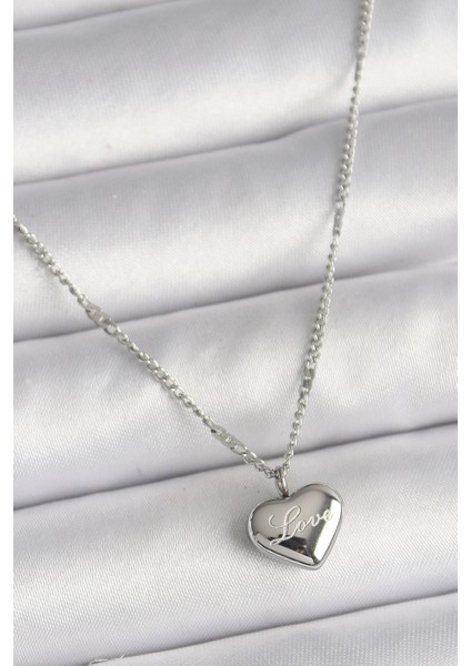 316L Çelik Gümüş Renk Zincir Love Işleme Kalp Figür Kadın Kolye