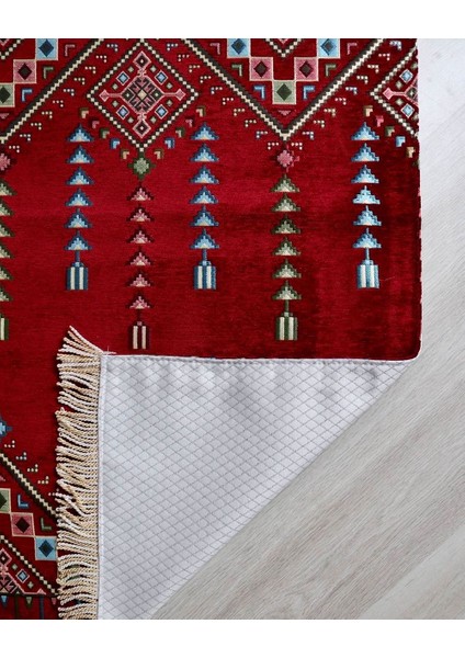Çeyizlik Hediyelik Seccade Set– Kilim Desenli Astarlı Kadife Seccade, Eşarp, Kristal Tesbih, Erkek Tesbihi, Takke ve Esans Özel Kutulu