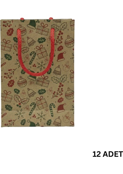 Yılbaşı Desenli Kraft Karton Çanta SETI-12LI, Parti, Noel, Hediye Çantası, Kırmızı Ipli, 12X17 cm