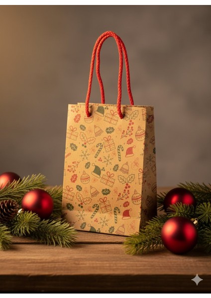 Yılbaşı Desenli Kraft Karton Çanta SETI-12LI, Parti, Noel, Hediye Çantası, Kırmızı Ipli, 12X17 cm modelleri