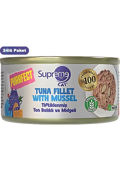 Tiftiklenmiş Ton Balıklı ve Midyeli Yetişkin Konserve Kedi Maması 70GR 24LÜ