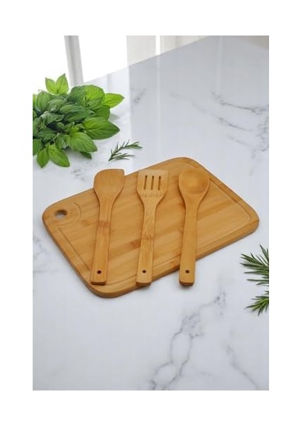 Bambu Serisi Oluklu Antibakteriel Yıkanabilir Bambu 36X26 cm Doğrama Tahtası, Kaşık ve Spatula, Tahta Kevgir, 4'lü Set fiyatları