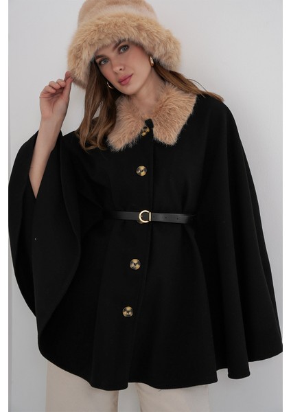 Kadın Kemerli Kaşe Panço 9165 - Siyah