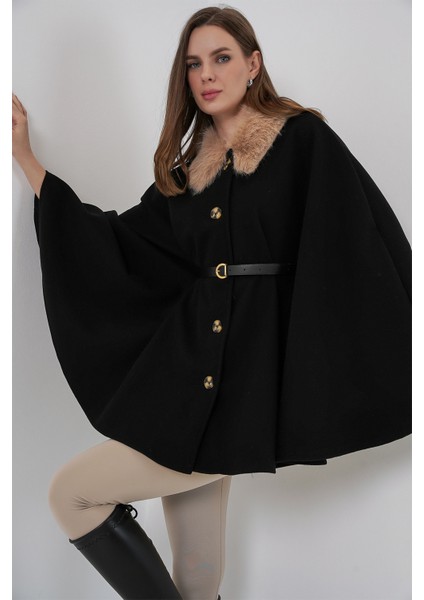 Kadın Kemerli Kaşe Panço 9165 - Siyah fiyatları