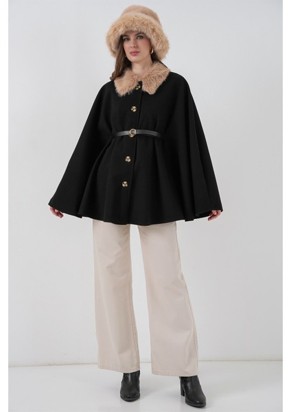 Kadın Kemerli Kaşe Panço 9165 - Siyah modelleri