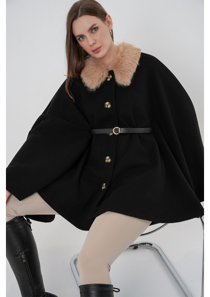 Kadın Kemerli Kaşe Panço 9165 - Siyah fırsatları