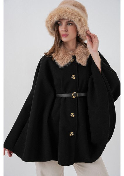 Kadın Kemerli Kaşe Panço 9165 - Siyah indirimleri