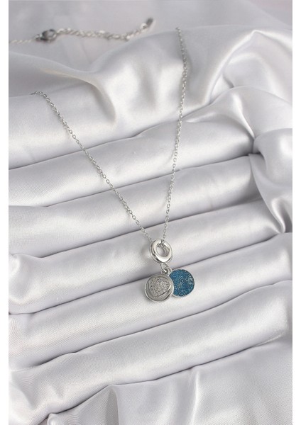 316L Çelik Gümüş Renk Zincir Zirkon Taşlı Işleme Mavi Simli Kadın Kolye fiyatları