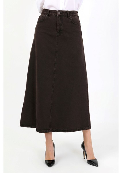 Yüksek Bel A Kesim Denim Etek Kahverengi indirimleri