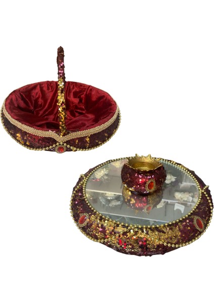 Modern Kırmızı Pullu Aynalı Kına Sepeti & Tepsi Seti & Kına Gecesi seti & Kına Gecesi Aksesuar Seti & Özel Tasarım