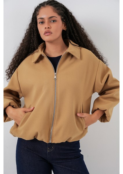 Kadın Büzgülü Oversize Kaşe Ceket 0728 - Hardal