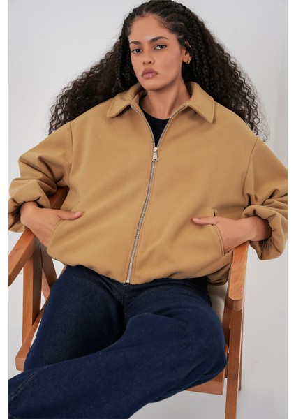 Kadın Büzgülü Oversize Kaşe Ceket 0728 - Hardal modelleri