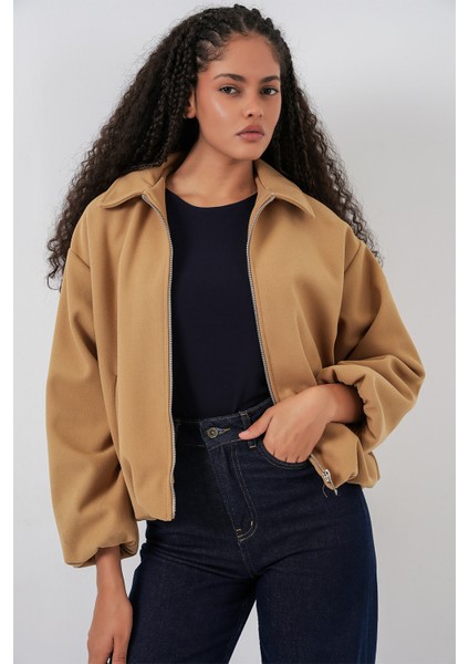 Kadın Büzgülü Oversize Kaşe Ceket 0728 - Hardal fırsatları