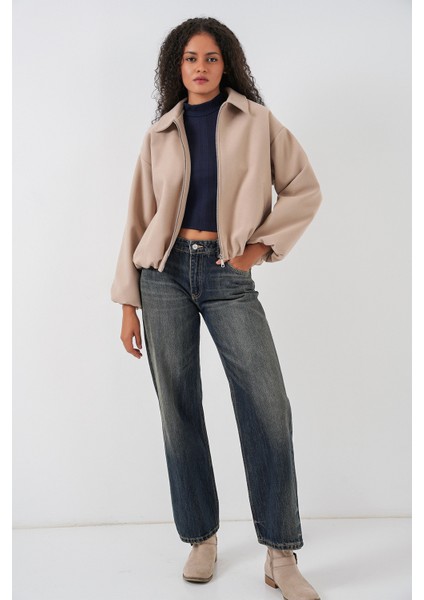 Kadın Büzgülü Oversize Kaşe Ceket 0728 - Bej fiyatları