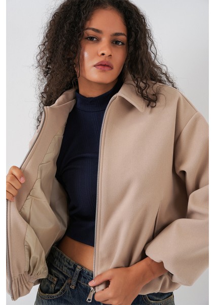 Kadın Büzgülü Oversize Kaşe Ceket 0728 - Bej fırsatları
