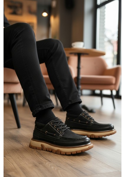 Siyah Nubuk Hakiki Deri Yüksek Taban Erkek Casual Ayakkabı 25K550 M modelleri