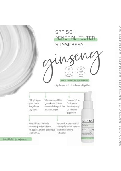 SKIN401 Spf 50+ Mineral Filter Sunscreen Mineral Filtre Güneş Kremi 50 ml fiyatları