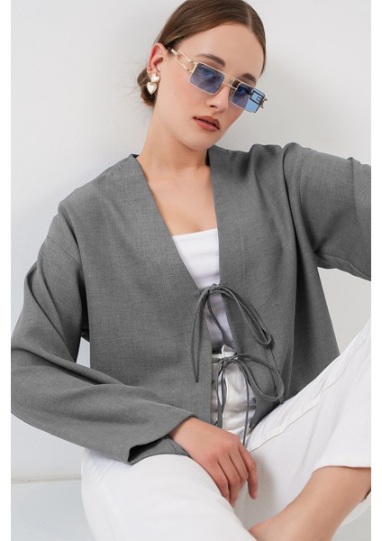 Önü Bağlamalı Keten Kimono 960 - Gri