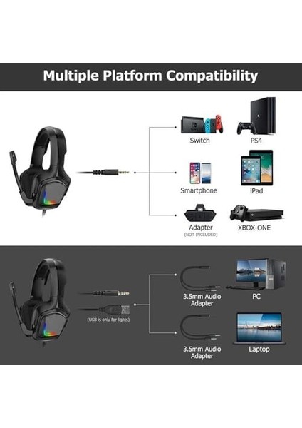 Profesyonel Oyuncu Kulaklığı Rgb Gaming Headphone 3.5mm, Gamer Işıklı Kulaklık, Onikuma K20 fiyatları