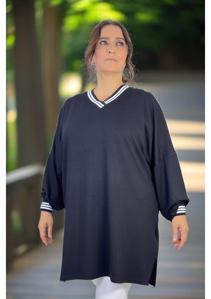 Kristal Viskon Kumaş Yırtmaçlı Takma Kol Büyük Beden Ribanalı V Yaka Bluz