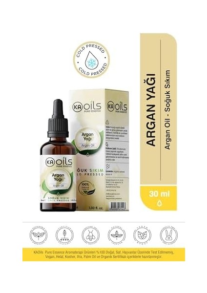 Kaoils Argan Yağı 30 ml | Argania Spinosa Kernel Oil | Soğuk SIKIM%100 Doğal Taşıyıcı Yağ | Saç ve Cilt Bakımı Için Onarıcı Besleyici fiyatları