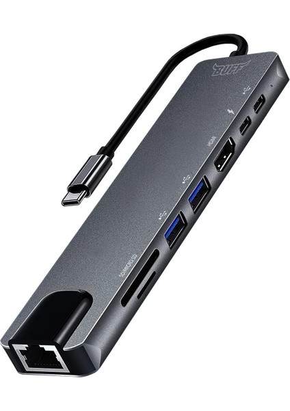 Buff Labs Type C USB 8 In 1 Hub Çoklayıcı Adaptör USB 3.0, Hdmı, USB C, Sd, Ethernet