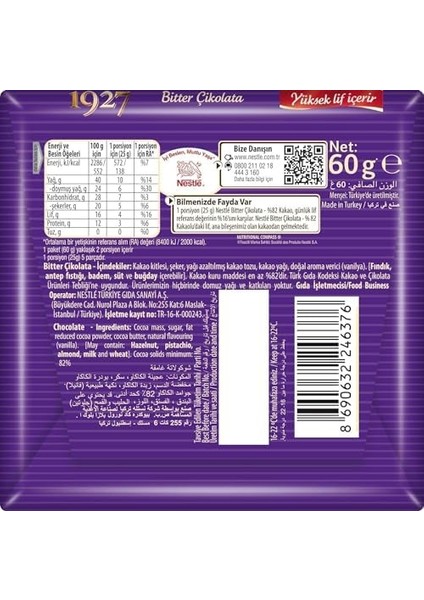 Nestlé 1927%82 Kakao Bitter Çikolata, 60 G x 6 fiyatları