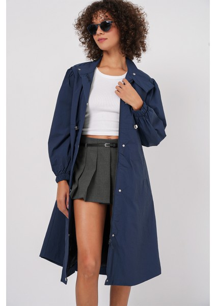 5939 Astarlı Uzun Trençkot - Lacivert fırsatları