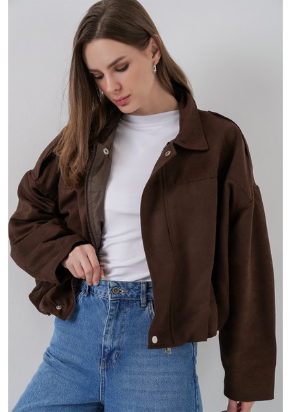 Kadın Kahverengi Oversize Süet Ceket 1055 fırsatları