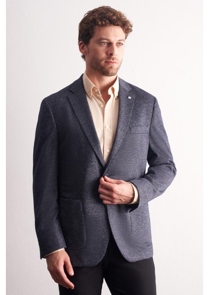 Lacivert Mono Yaka Kendinden Desenli Esnek 6 Drop Comfort Fit Classic Ceket 1002255155