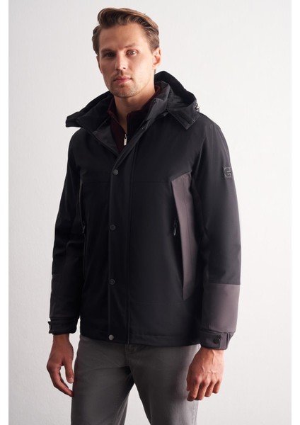 Siyah - Antrasit Kapüşonlu Yaka Bondid Yırtmaçsız Casual Mont 1007255134