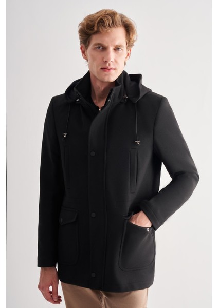 Siyah Kaşe Dik Yaka Astarlı Slim Fit Dar Kesim Klasik Kaban 1008245272