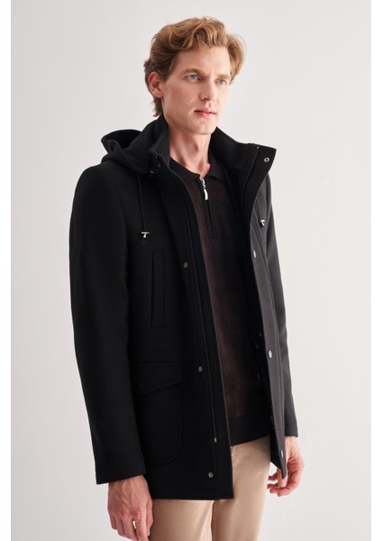 Siyah Kaşe Dik Yaka Astarlı Slim Fit Dar Kesim Klasik Kaban 1008245272 modelleri