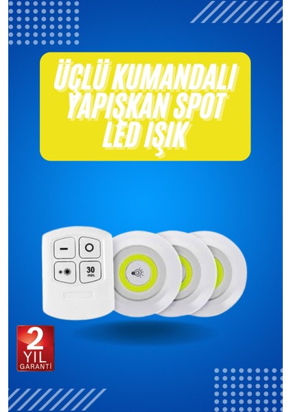Yapışkanlı 3'lü Spot LED Işık Lamba Montajsız Pilli Uzaktan Kumandalı - CHT4546-9927