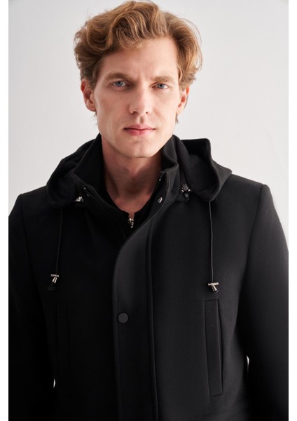 Siyah Kaşe Dik Yaka Astarlı Slim Fit Dar Kesim Klasik Kaban 1008245272 fırsatları