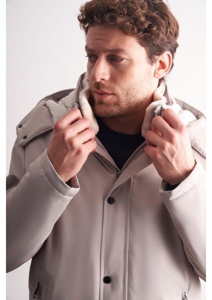 Taş Rengi Çıkma Kapşonlu Dik Yaka Yırtmaçsız Esnek Classic Kaban 1008255165 fırsatları