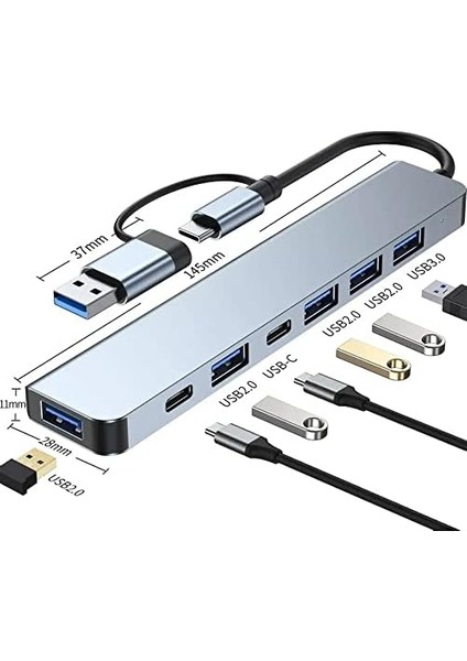 Çoklayıcı Adaptör 7in1 Usb/type-C To USB A, USB C Uyumlu Çevirici Adaptör Çok Portlu Çoklayıcı 7 In 1 USB Hub (Gri) fiyatları