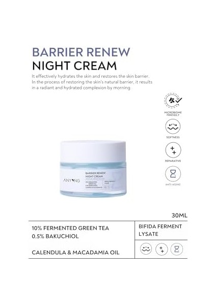 Anyong Bariyer Onarıcı, Yenileyici ve Yaşlanma Karşıtı Krem 50 ml (Yeşil Çay & Bakuchiol & Bifida)