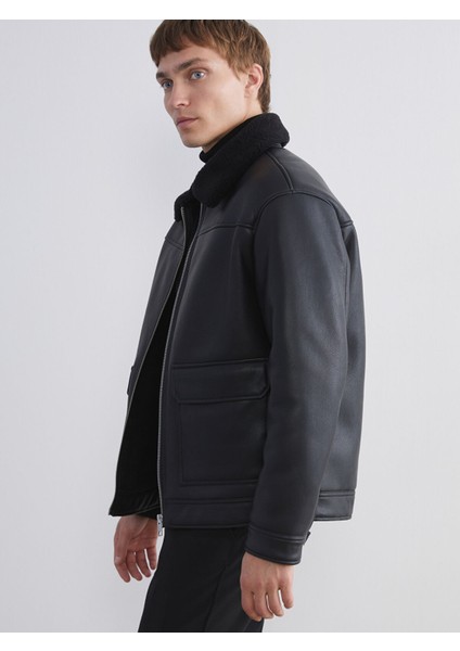Yeni Sezon Standart Kalıp Erkek Deri Görünümlü Mont