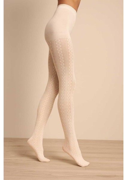 Triko Kümaş Kendinden Desenli Kalın Kışlık Kadın Vanilya Karina Külotlu Çorap -Cotton Desenli Çorabı