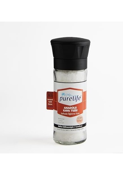 Purelife Kaya Tuzu Sofrada Öğütme Cam Şişe Seramik Değirmenli 120G | Rafine Edilmemiş Doğal Tuz | Gurme Anadolu Granül Kaya Tuzu | Tekrar Kullanılabilir Ambalaj | Iz Bırakmayan Sürdürülebilir Etiket