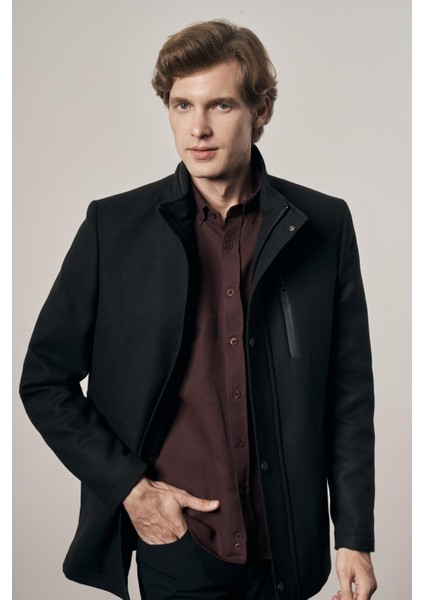 Siyah Dik Yaka Tam Astar Classic Slim Fit Esnek Kaşe Kaban 1008255150