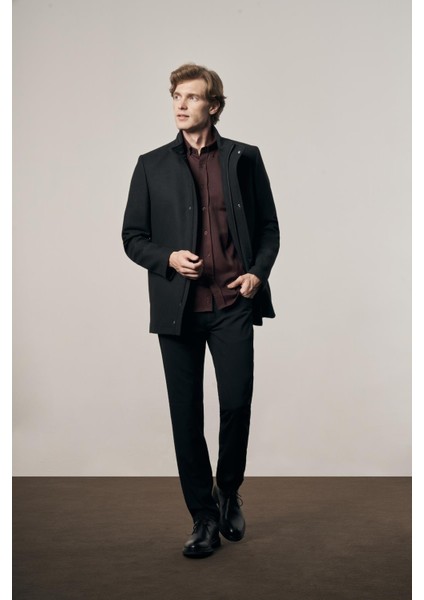 Siyah Dik Yaka Tam Astar Classic Slim Fit Esnek Kaşe Kaban 1008255150 fırsatları