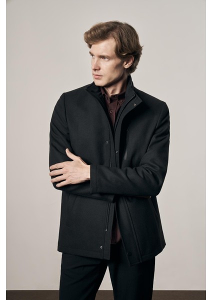 Siyah Dik Yaka Tam Astar Classic Slim Fit Esnek Kaşe Kaban 1008255150 indirimleri