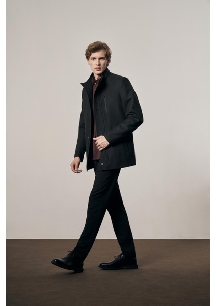 Siyah Dik Yaka Tam Astar Classic Slim Fit Esnek Kaşe Kaban 1008255150